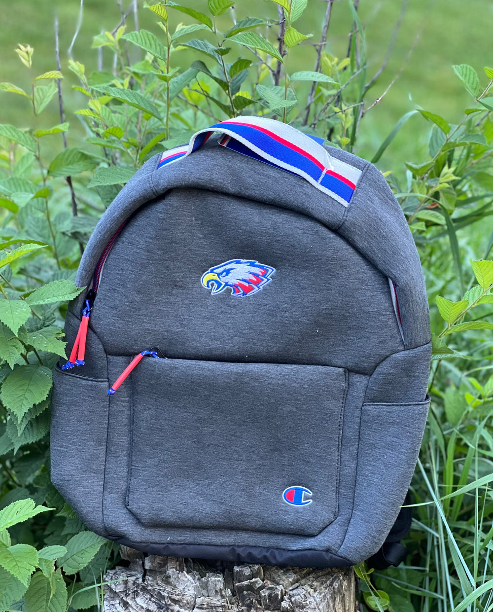 Dark heather gray Champion back pack. Has Eagle embroidered but there is option to get other mascots. Call for more info.