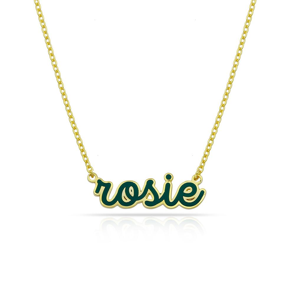 Custom Cursive Enamel Necklace - Wholesale JEWELRY The Sis Kiss Gold Forest Green
